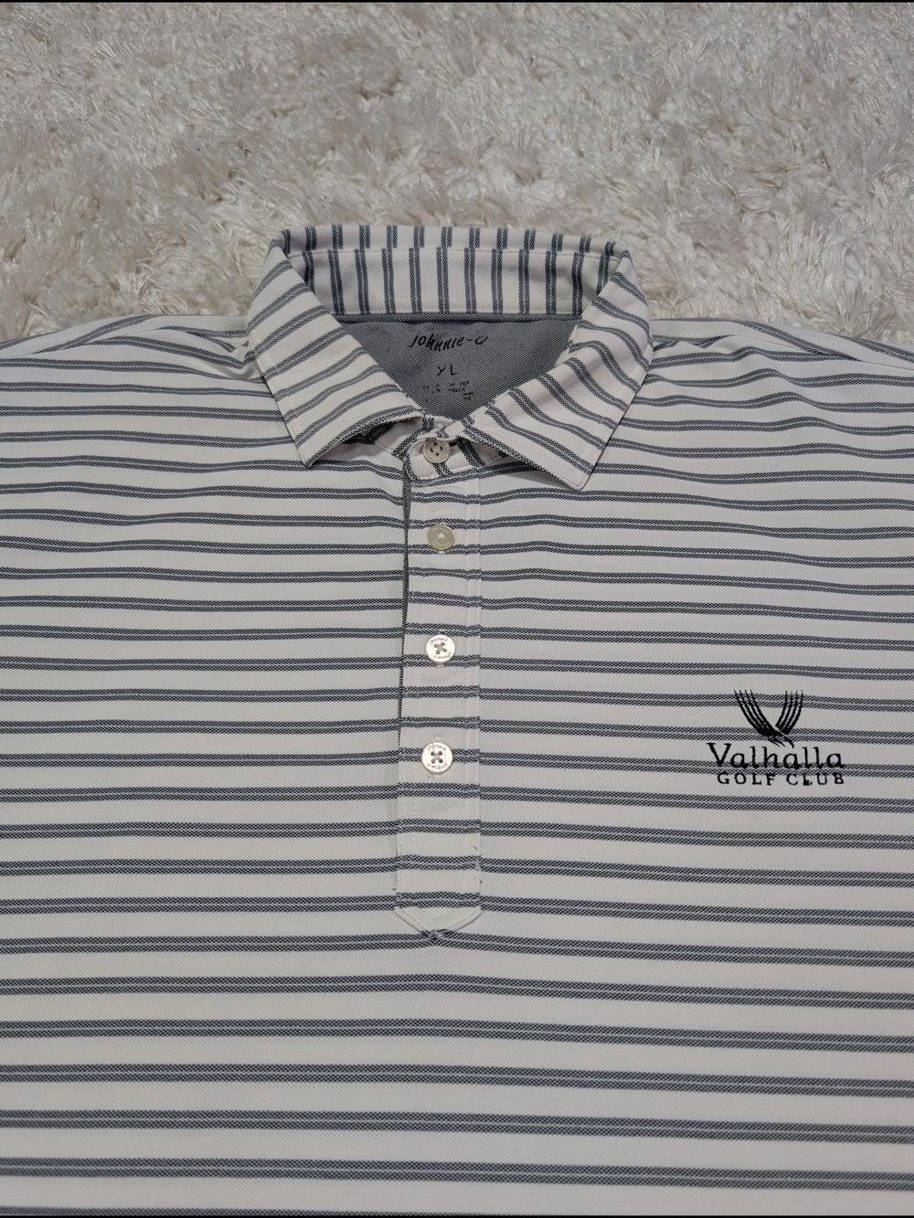 johnnie-O Men’s White and Gray Striped Polo Valhalla Golf Club